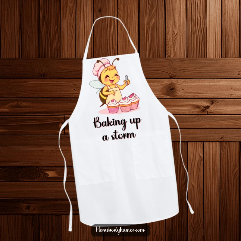 Funny Bee Baker Apron: A busy bee in an apron gleefully frosting cupcakes, making kitchen tasks hilariously enjoyable. An excellent funny gift.