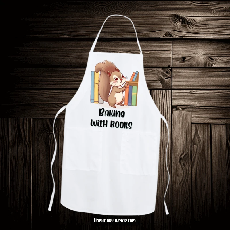 Funny squirrel energetically tidying a shelf of books apron, a humorous and practical accessory for readers.