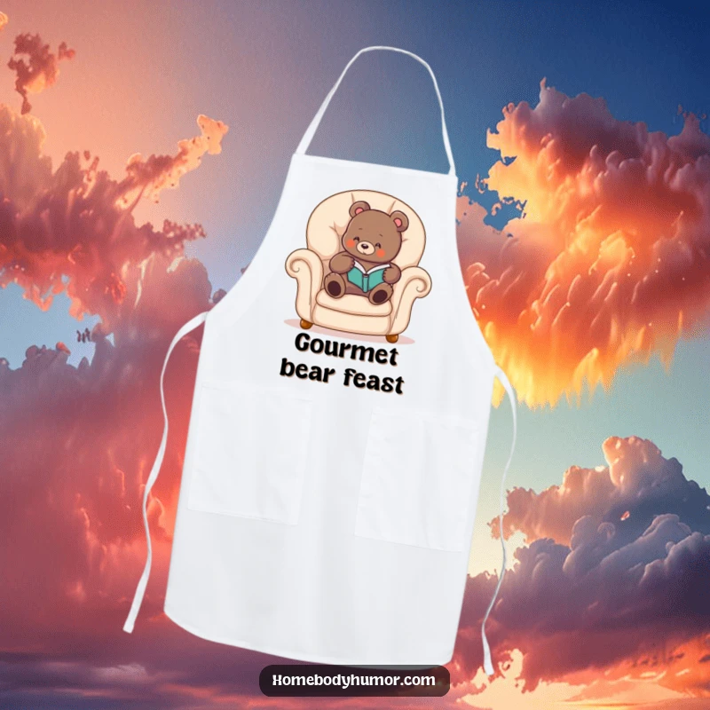 Funny bear apron showing a cozy bear reading a book, ideal for kitchen fun with comfy and humorous flair.