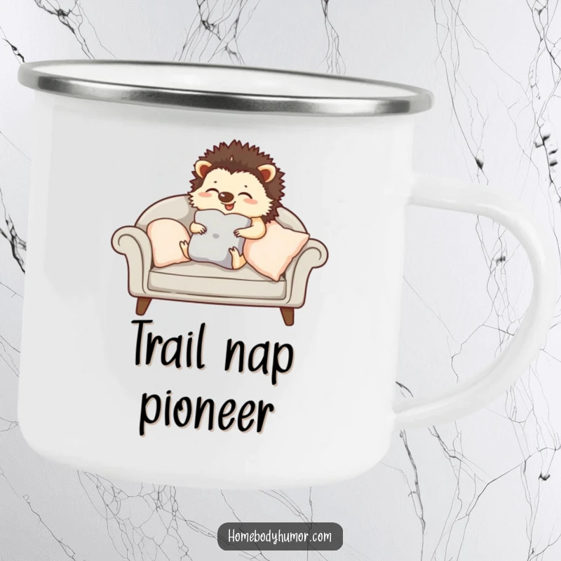 Giggling hedgehog carefully arranging cushions on a sofa camping mug, durable and amusing drinkware for cozy outdoor moments.