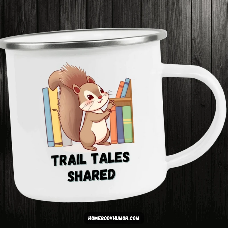 Funny squirrel energetically tidying a shelf of books camping mug, durable and amusing drinkware for outdoor reading.