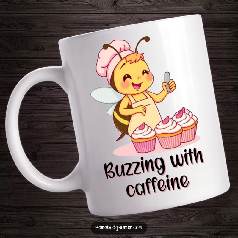 Funny Bee Baker Mug: A busy bee in a small apron cheerfully frosting cupcakes, radiating joy and humor. An excellent funny gift.
