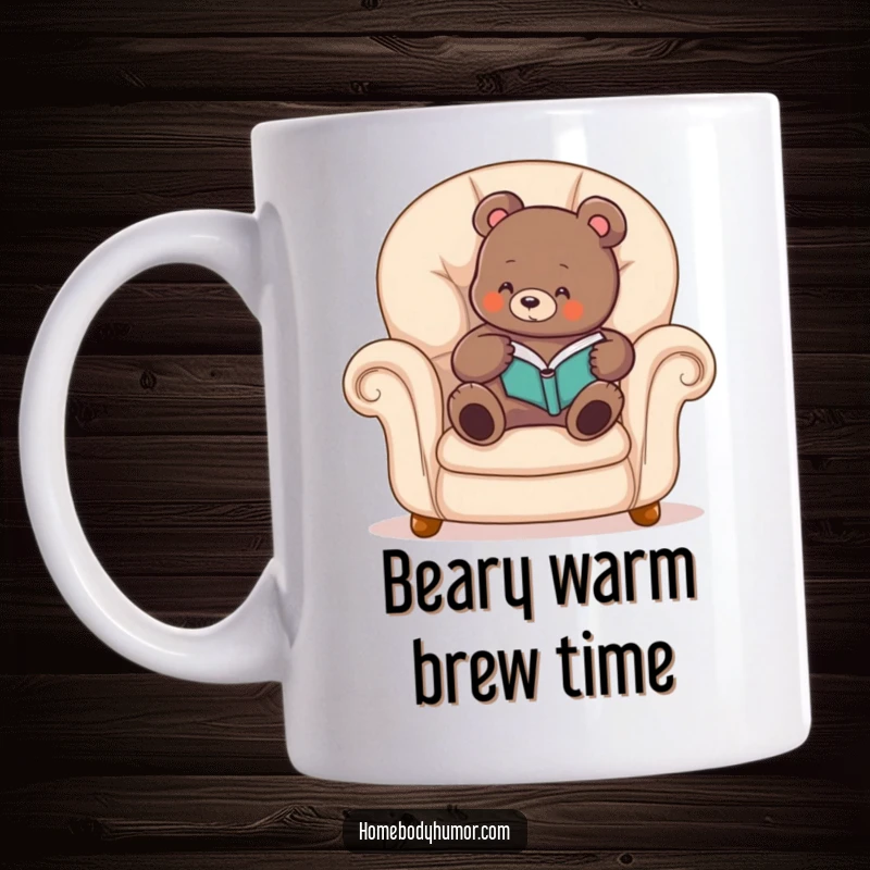 Funny bear mug depicting a cozy bear relaxed in an armchair, deeply engrossed in reading a book.