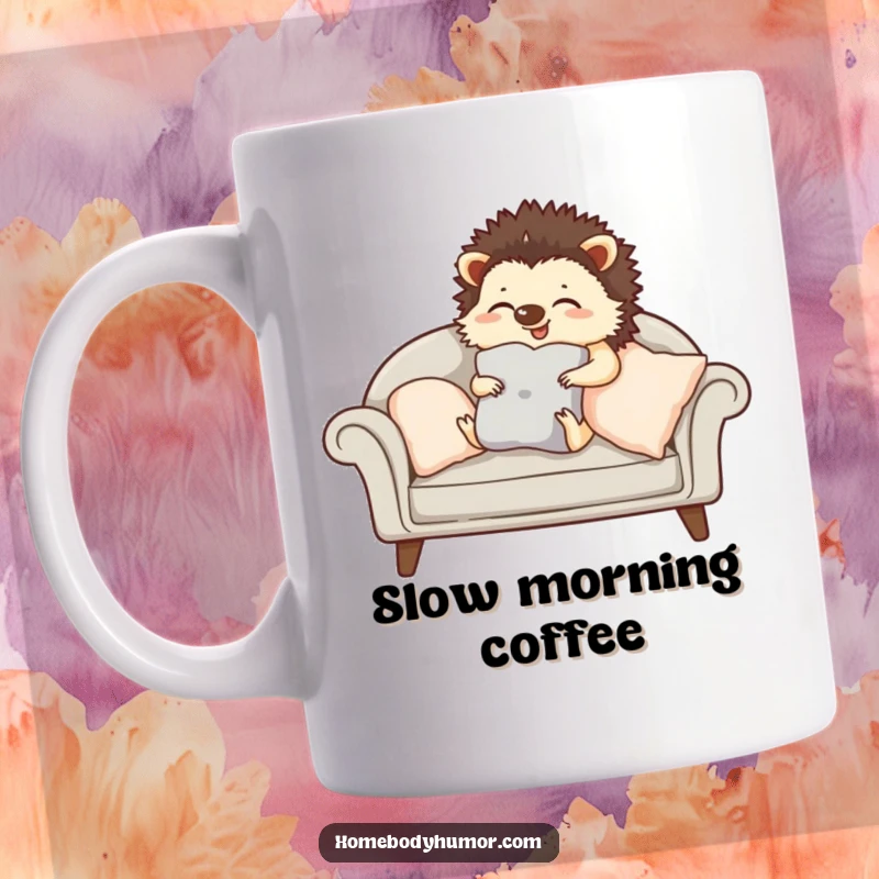 Giggling hedgehog carefully arranging cushions on a sofa mug, depicting a charming home decorator.