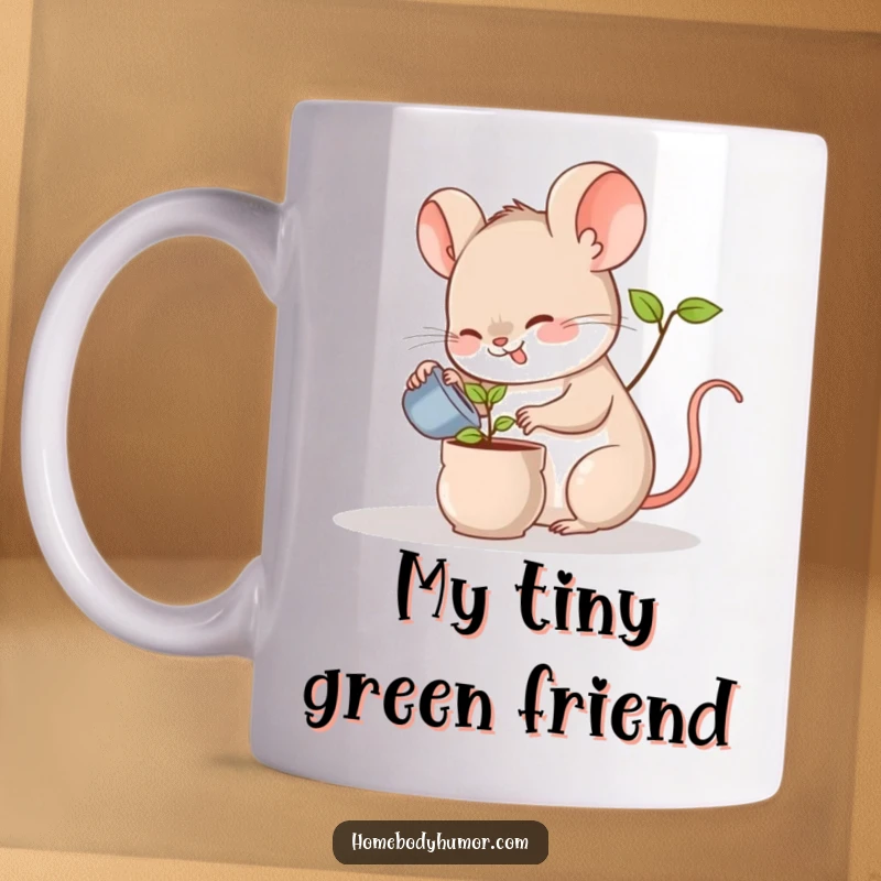 Funny mouse mug showing a happy mouse with a watering can tending a small potted plant, a cute gardening gift.