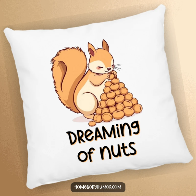 Funny Squirrel Pillow: A busy squirrel meticulously arranging nuts into a pyramid, bringing soft, humorous snack vibes. A great funny gift.