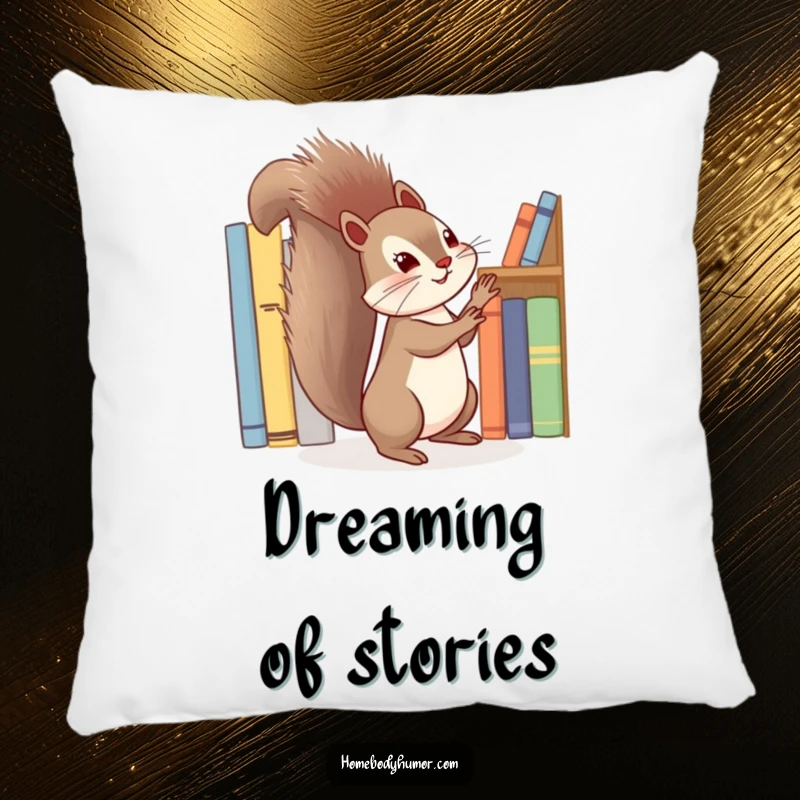 Funny squirrel energetically tidying a shelf of books pillow, a soft and humorous accent for reading spaces.
