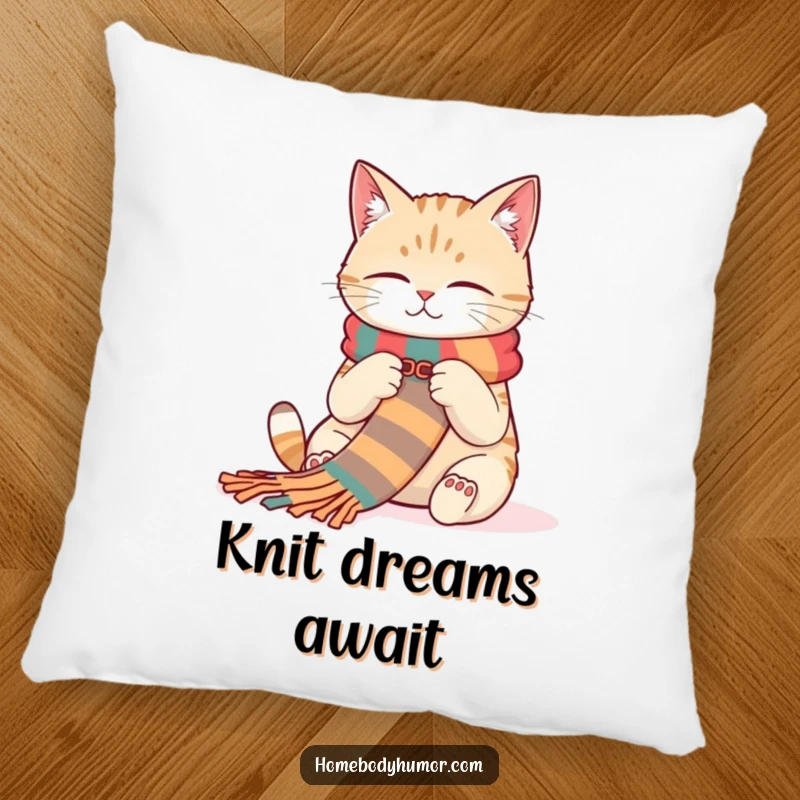 Funny Cat Pillow: A contented cat knitting a long, colorful scarf, bringing soft, humorous craft vibes. A great funny gift.