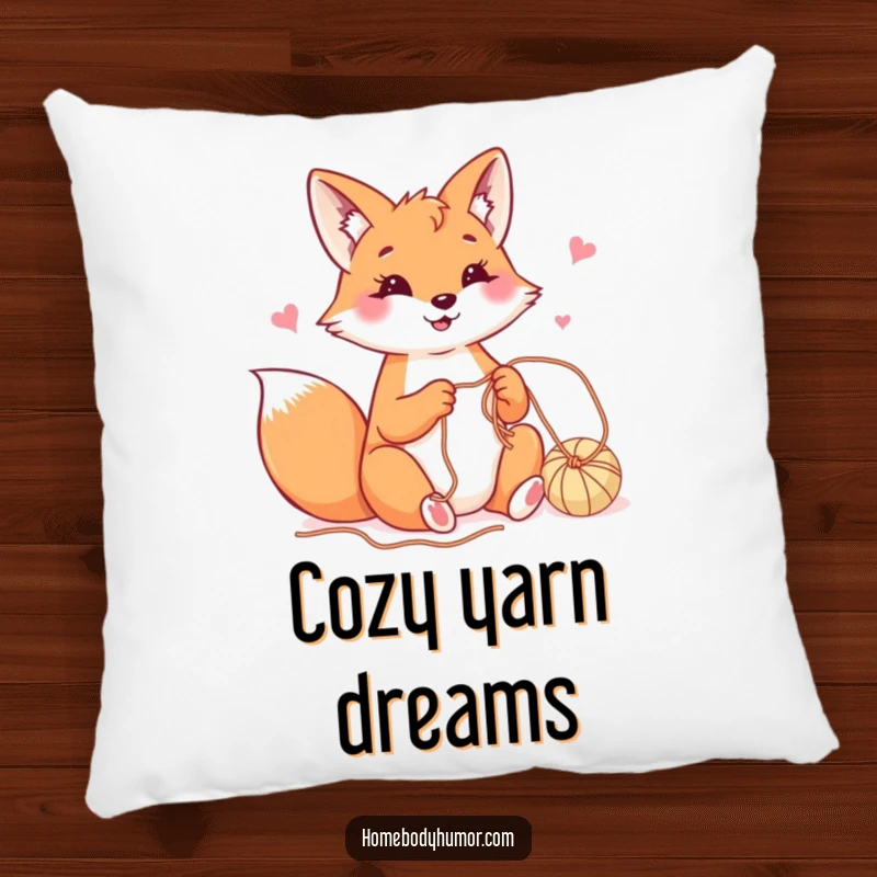Happy fox playfully crafting with yarn pillow, a soft and humorous accent for creative spaces.