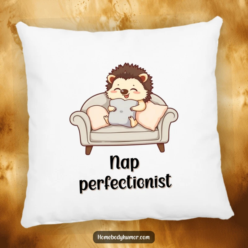 Giggling hedgehog carefully arranging cushions on a sofa pillow, a soft and humorous accent for cozy interiors.