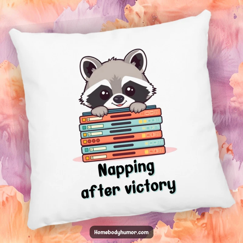 Funny raccoon peeking from board games pillow, a soft and humorous cushion for game room decor.