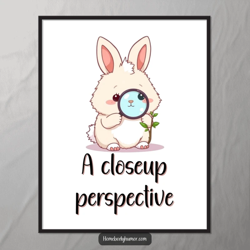 Funny Bunny Digital Art Print: A fluffy bunny peering at a tiny plant through a magnifying glass, offering whimsical, humorous wall decor. A great funny gift.