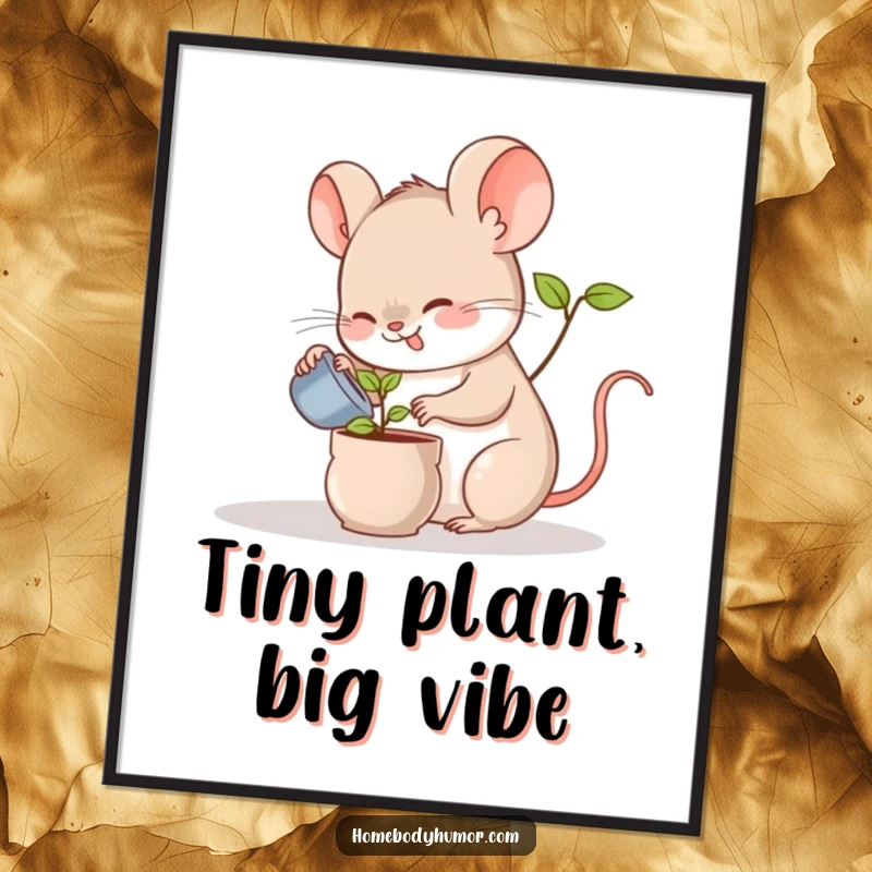 Funny digital art print of a cheerful mouse watering a miniature potted plant, instantly adding whimsy to any decor.
