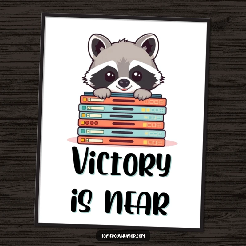 Funny raccoon peeking from board games digital art print, a humorous illustration for wall decor.