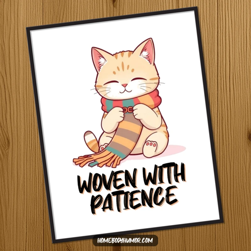 Funny Cat Digital Art Print: A contented cat knitting a scarf, offering cozy and humorous wall decor. A great funny gift.