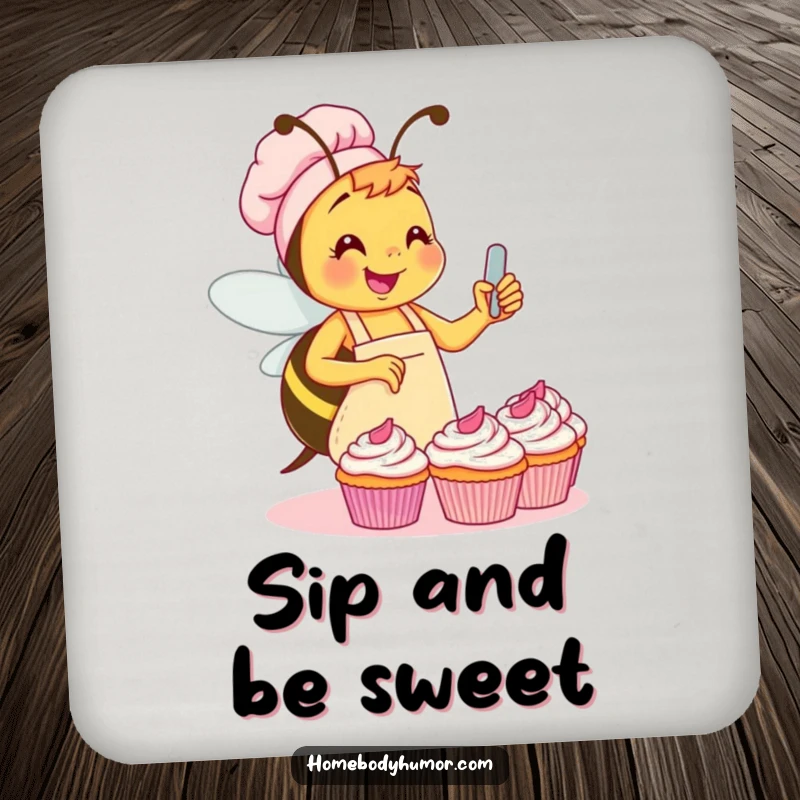Funny Bee Coasters: A busy bee in a small apron frosting cupcakes with glee, adding sweet humor to protect your surfaces. A perfect funny gift.