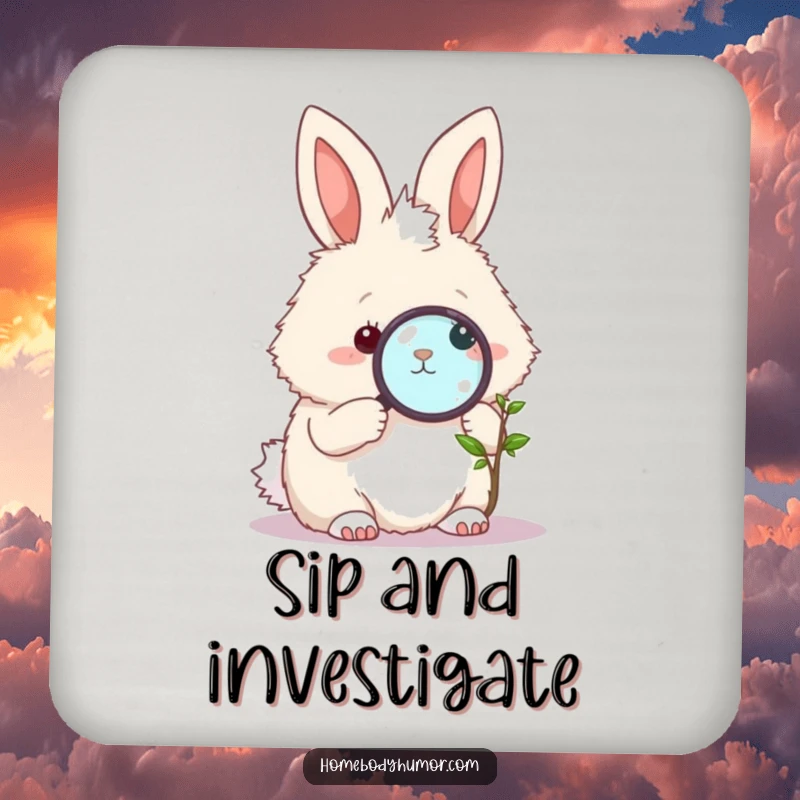 Funny Bunny Coasters: A fluffy bunny with a magnifying glass studying a tiny plant, adding whimsical humor while protecting surfaces. A perfect funny gift.