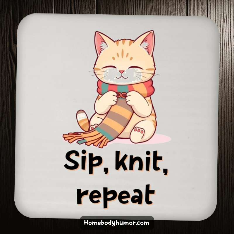 Funny Cat Coasters: A contented cat knitting a scarf, adding cozy humor while protecting surfaces. A perfect funny gift.
