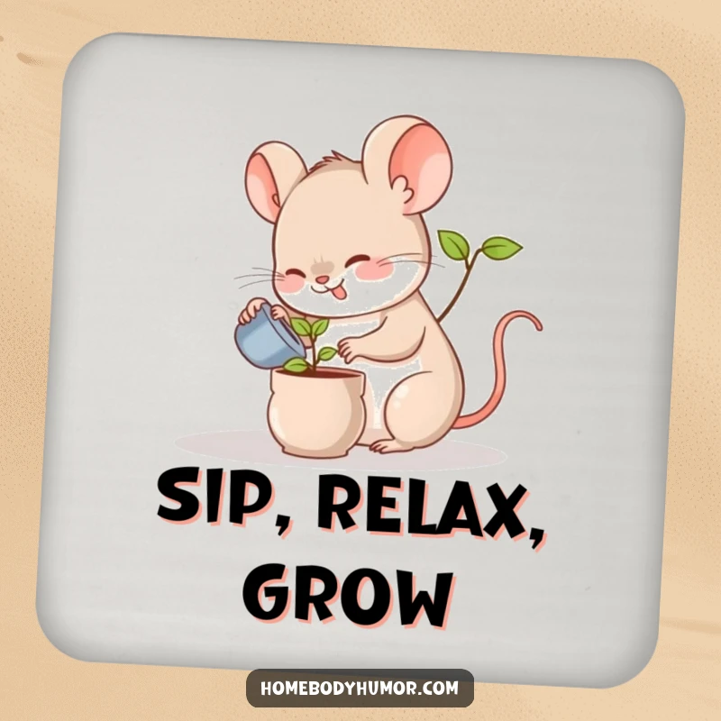 Funny drink coasters showcasing a cheerful mouse watering a miniature plant, protecting surfaces with cute charm.