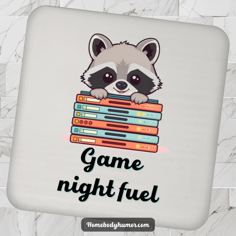 Funny raccoon peeking from board games coasters, charming protectors for tabletops during game sessions.