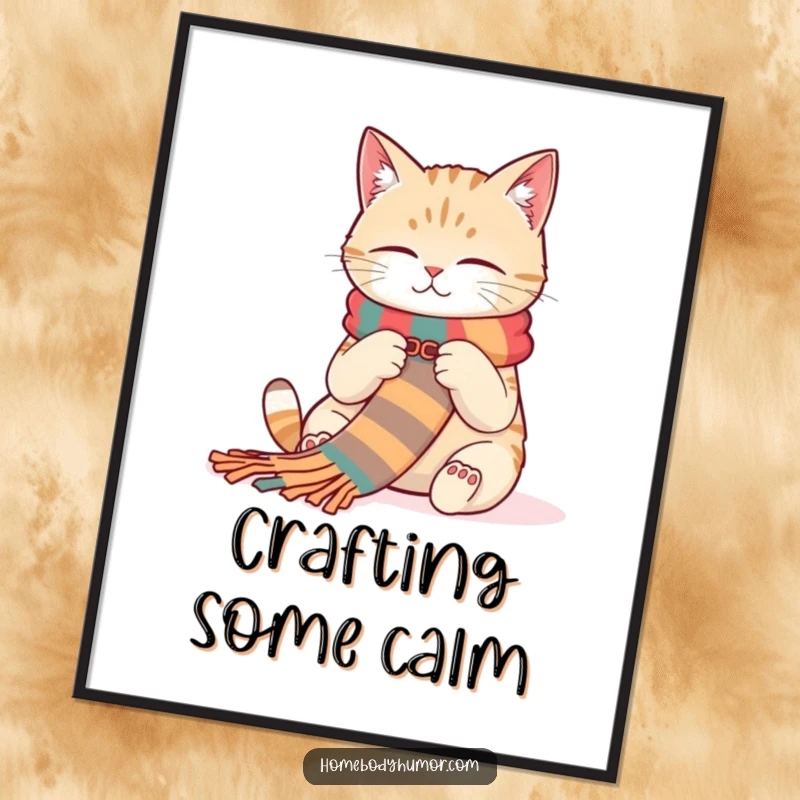 Funny Cat Poster: A contented cat comfortably knitting a long, colorful scarf, adding cozy humor to wall decor. Perfect funny gift.