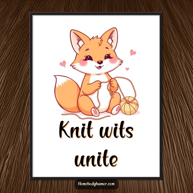 Happy fox playfully crafting with yarn poster, a whimsical and humorous wall decoration for creative spaces.