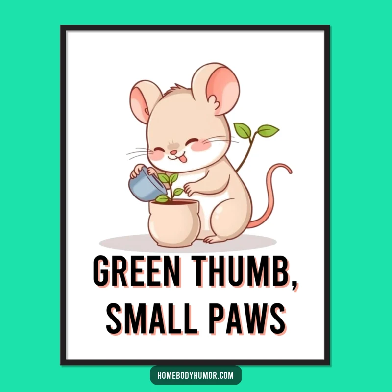 Funny Mouse Watering Plant Poster: Adorable Wall Art for Home and Office Decor