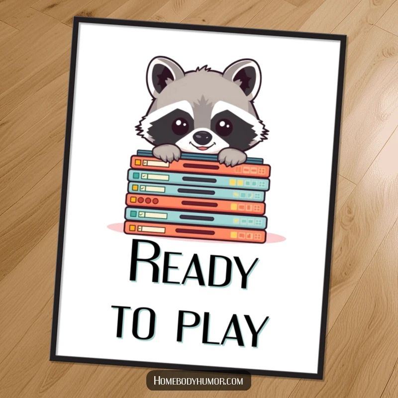 Funny raccoon peeking from board games poster, vibrant wall art capturing a gamer's playful spirit.