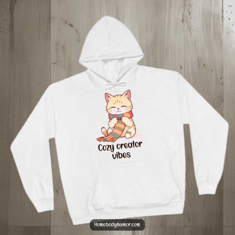Funny Cat Hoodie: A contented cat comfortably knitting a long, colorful scarf, offering warmth and funny charm. A superb funny gift.