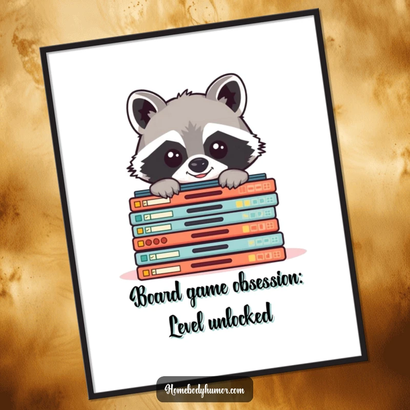 Funny Free Printable Wall Art: Cheerful raccoon peeking from board games, perfect for gamers, downloadable home decor, humorous art.