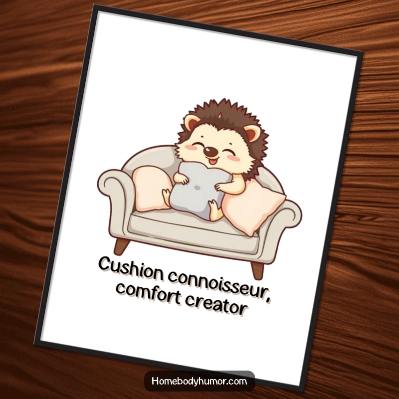 Funny Free Printable Wall Art: Giggling hedgehog arranging sofa cushions, cozy and cute home decor, downloadable art.