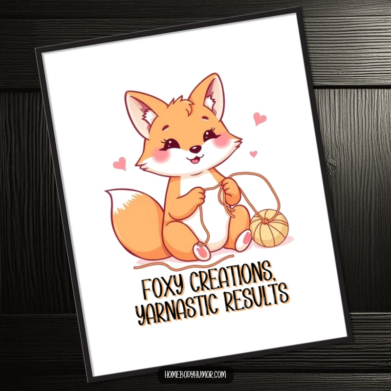 Funny Free Printable Wall Art: Happy fox playfully crafting with yarn, cozy and creative design, downloadable home decor.