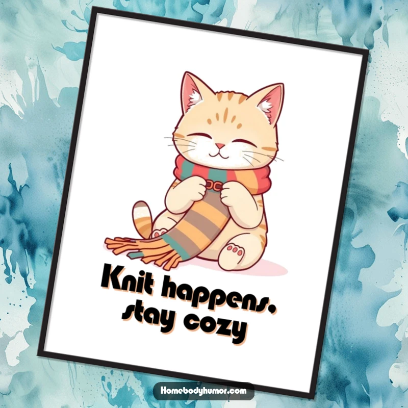 Funny Free Printable wall art of a content cat peacefully knitting a long, colorful scarf with a serene expression.