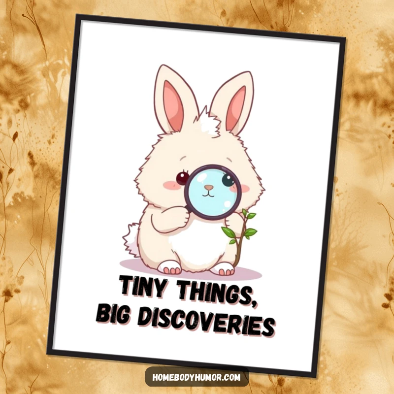 Funny Free Printable wall art of a fluffy bunny with a magnifying glass, curiously observing the details of a miniature plant.
