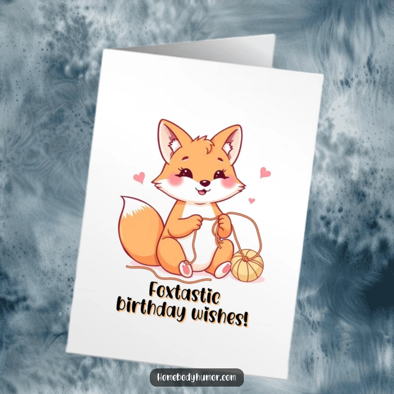 Funny Free Printable Birthday Card: Happy fox playfully crafting with colorful yarn, creative and cheerful, downloadable gift.