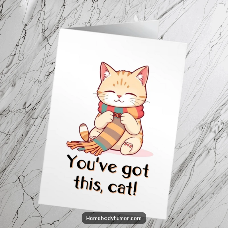 Funny Free Printable congratulations card showing a contented cat knitting a long, colorful scarf with a relaxed expression.