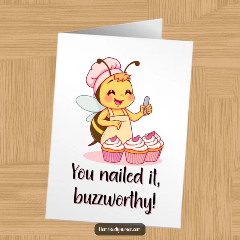 Funny Free Printable congratulations card showing a busy bee in an apron gleefully frosting delicious-looking cupcakes.