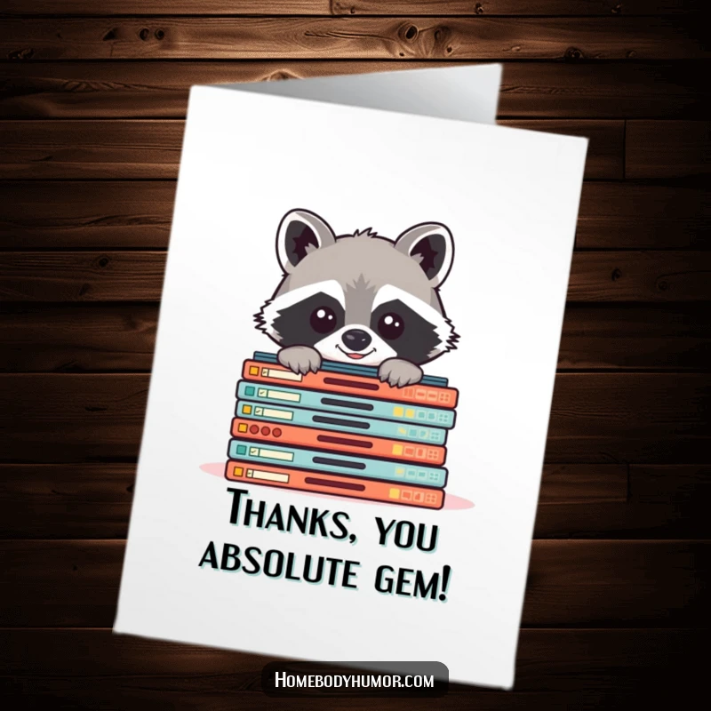 Funny Free Printable Thank You Card: Cheerful raccoon peeking from board games, expressing thanks playfully, downloadable e-card alternative.