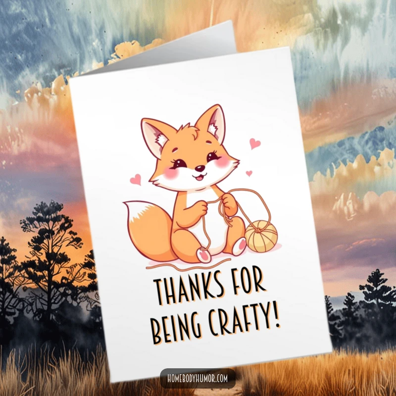 Funny Free Printable Thank You Card: Happy fox playfully crafting with yarn, expressing thanks creatively, downloadable.