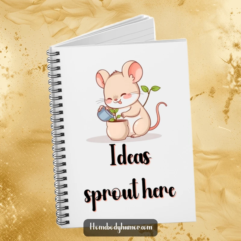 Funny notebook featuring a cheerful mouse watering a miniature plant, perfect for jotting down notes with cute flair.