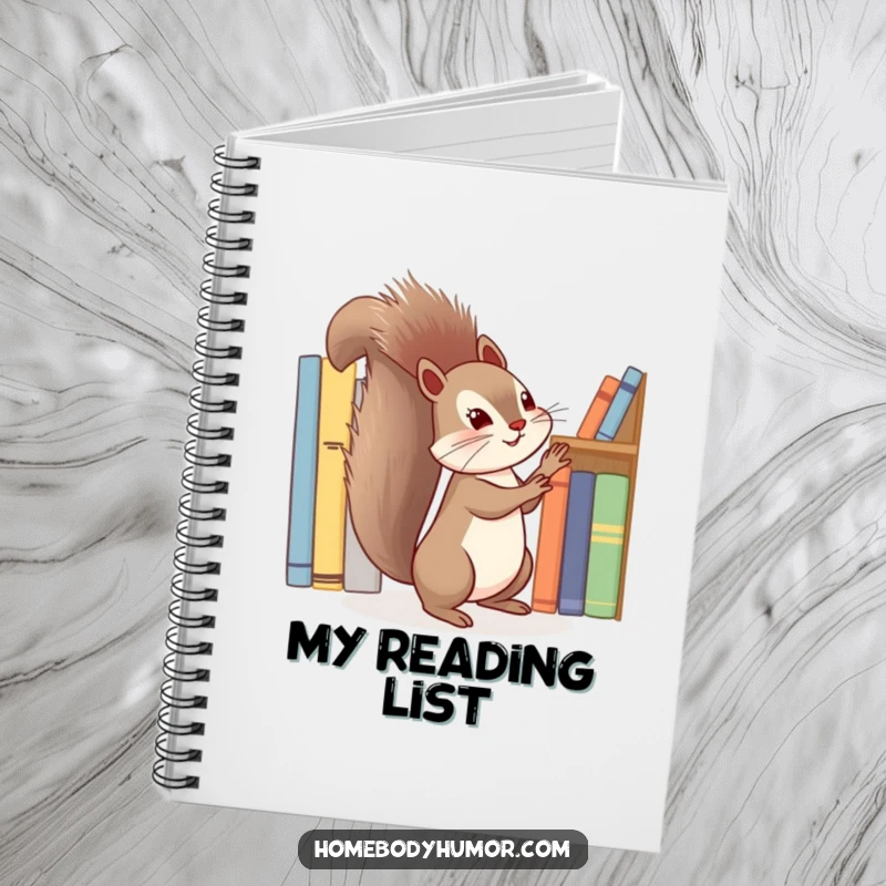 Funny squirrel energetically tidying a shelf of books notebook, a delightful journal for literary notes and ideas.