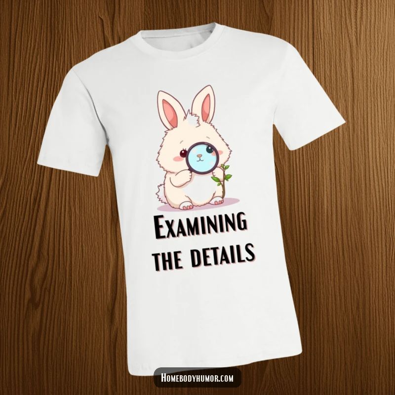 Funny Bunny Plant Explorer T-Shirt: A fluffy bunny with a magnifying glass intently looking at a small plant. A truly funny gift.