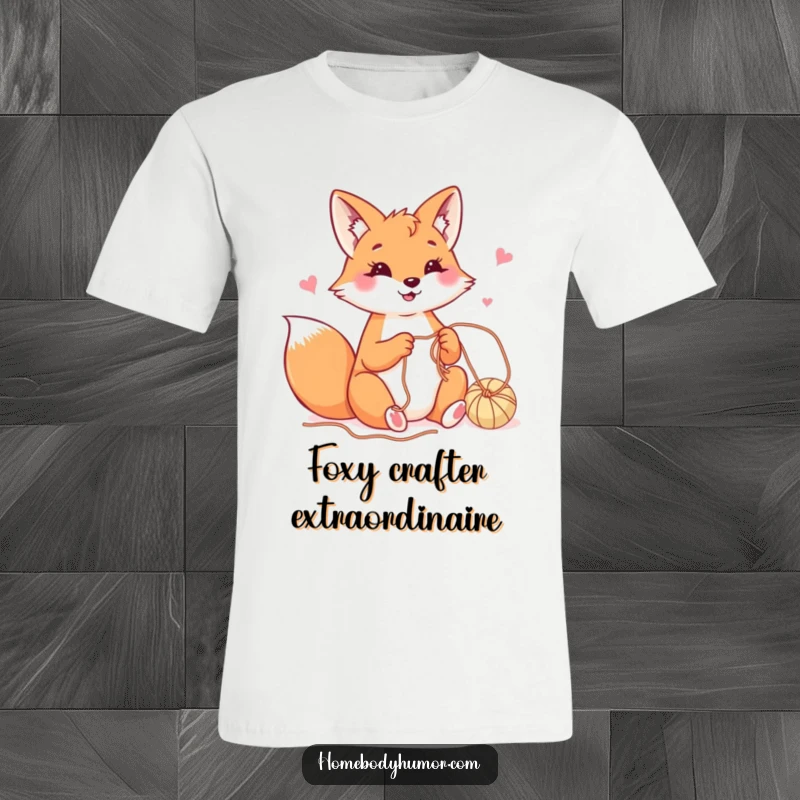 Happy fox playfully crafting with yarn t-shirt, a humorous and comfortable garment for fiber artists.