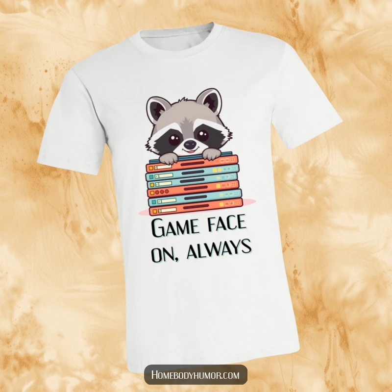 Funny raccoon peeking from board games t-shirt, showcasing a mischievous character ready for game night's excitement.