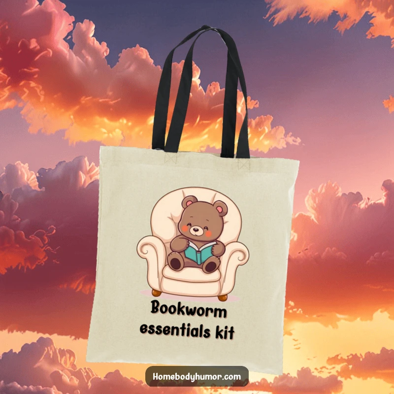 Funny bear tote bag with a cozy design of a bear reading a book, perfect for carrying literary adventures.