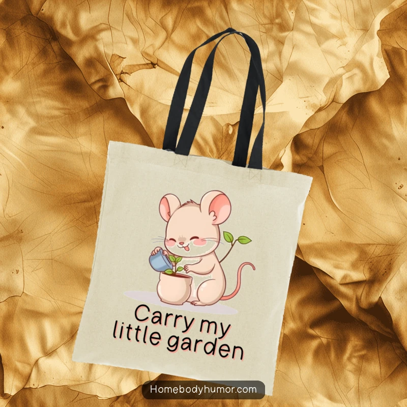 Funny tote bag with a cheerful mouse watering a miniature potted plant, great for eco-friendly shopping and plant enthusiasts.