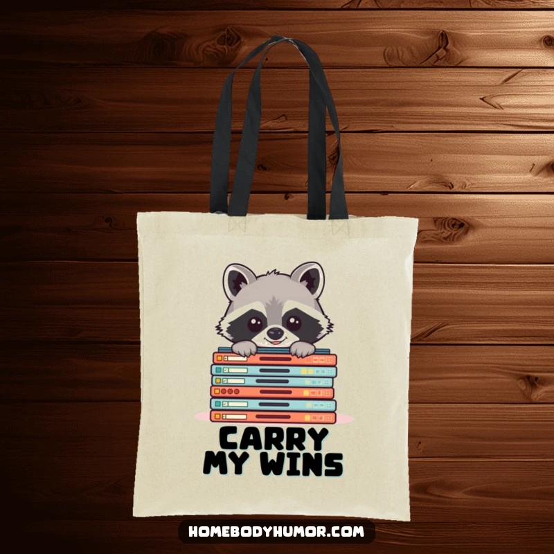 Funny raccoon peeking from board games tote bag, a durable and amusing accessory for game transport.