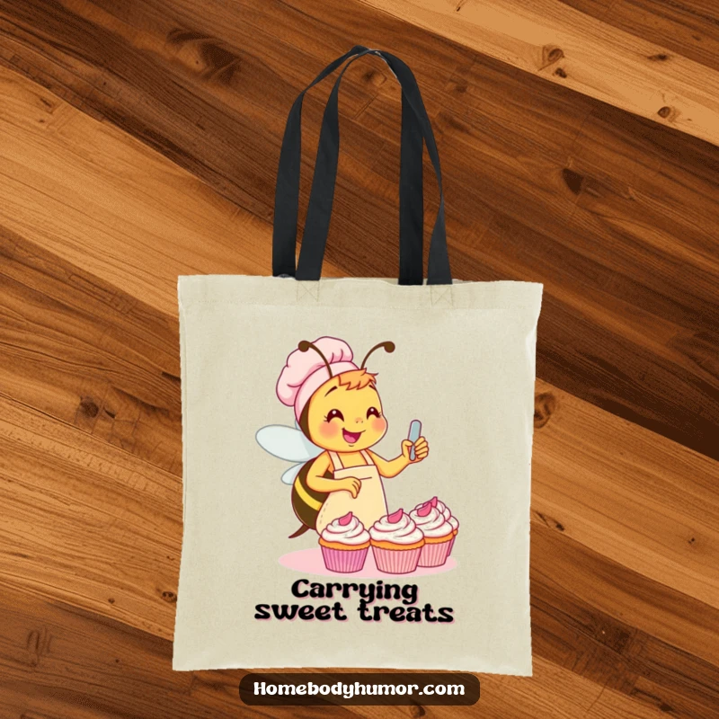 Funny Bee Baking Tote Bag: A busy bee in a small apron, gleefully frosting a cupcake, perfect for carrying baking essentials with humor. A great funny gift.